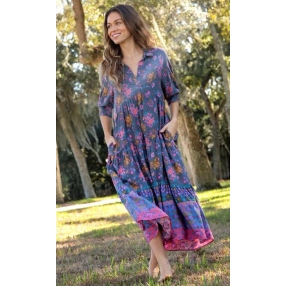 Natural Life Rebecca Midi Dress XL Gray Floral Boho Tiered Pocket Rayon V-Neck